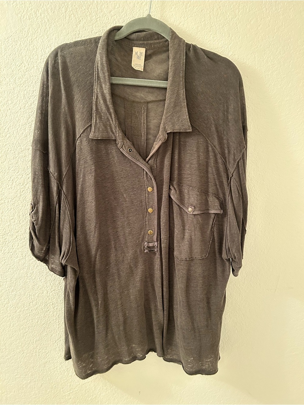 We The Free Washed Army Green Button-Front Pocket Top